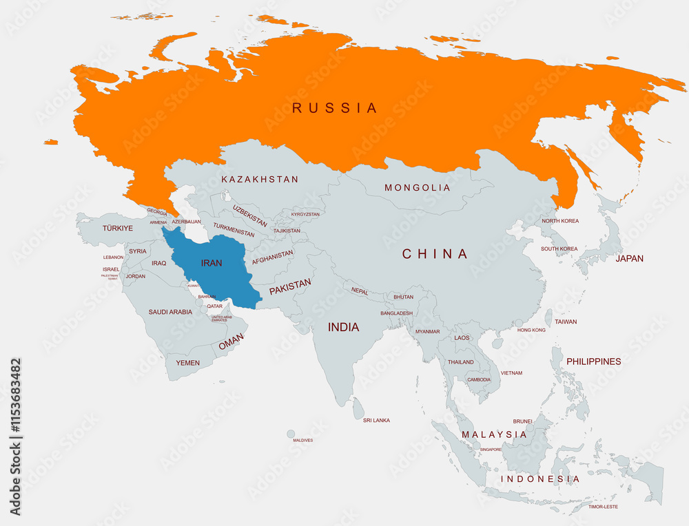 Obraz premium A detailed illustration of Asia showing country borders with Russia highlighted and iran, emphasizing regional geographical differentiation