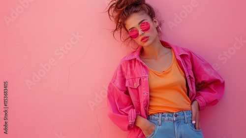 A girl in glasses and dressed in bright clothes of the 90s on a pink background. Retro