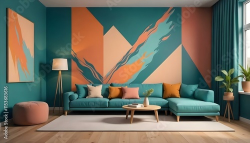 Wallpaper Mural A modern living room with a large teal sectional sofa, a wooden coffee table, and a geometric abstract mural on the wall in shades of teal, orange, and pink Torontodigital.ca