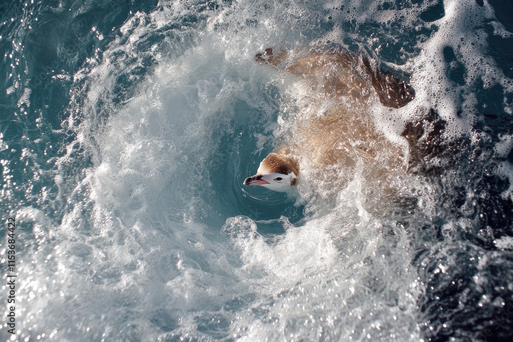 Naklejka premium A seagull immerses itself in the turbulent ocean waves, capturing the essence of nature's drama and the beauty of wildlife amid the sea's rhythm.