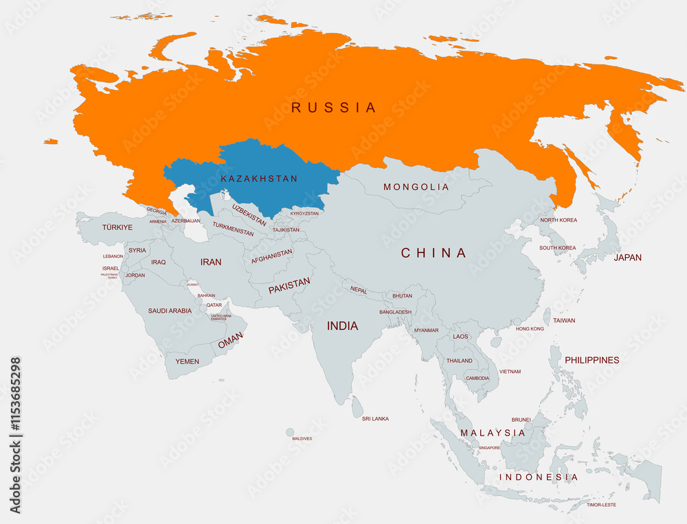 Obraz premium A detailed illustration of Asia showing country borders with Russia highlighted and kazakhstan,emphasizing regional geographical differentiation