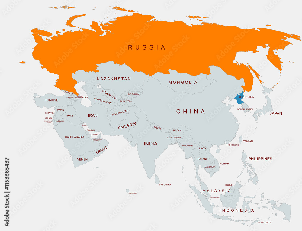 Obraz premium A detailed illustration of Asia showing country borders with Russia highlighted and north korea,emphasizing regional geographical differentiation