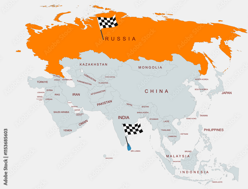 Obraz premium A detailed illustration of Asia showing country borders with Russia highlighted and sri lanka,emphasizing regional geographical differentiation