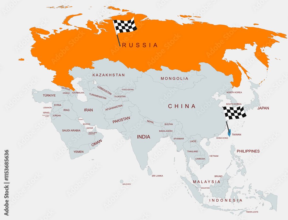 Obraz premium A detailed illustration of Asia showing country borders with Russia highlighted and taiwan,emphasizing regional geographical differentiation