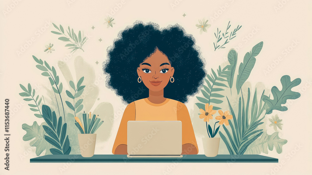A woman with an afro hairstyle sits at a desk with a laptop, surrounded by stylized plants and flowers. A woman with an afro hairstyle sits at a desk with a laptop, surrounded by stylized plants and flowers.