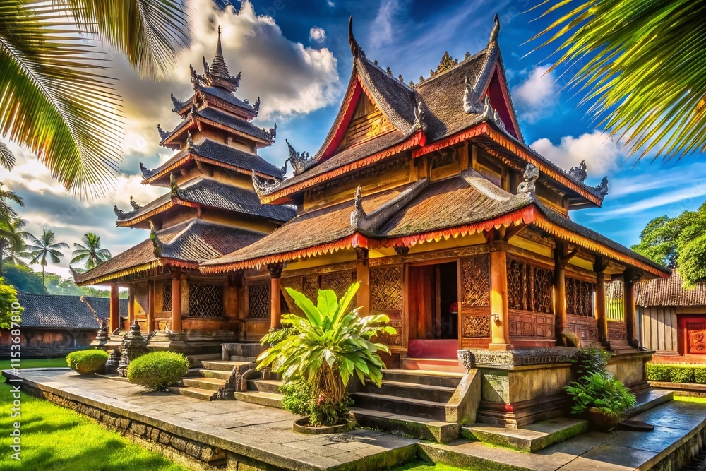 Naklejka premium Photorealistic 3D AI recreates ancient Indonesian rural homes.