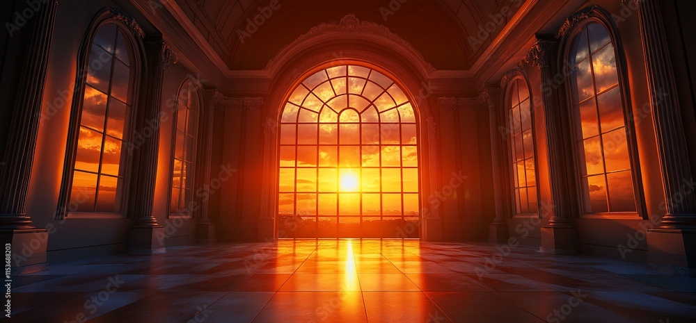 Obraz premium A grand interior with large windows showcasing a vibrant sunset.