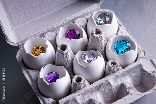 Decorative gems in broken eggshells inside an egg carton, colorful and creative design
