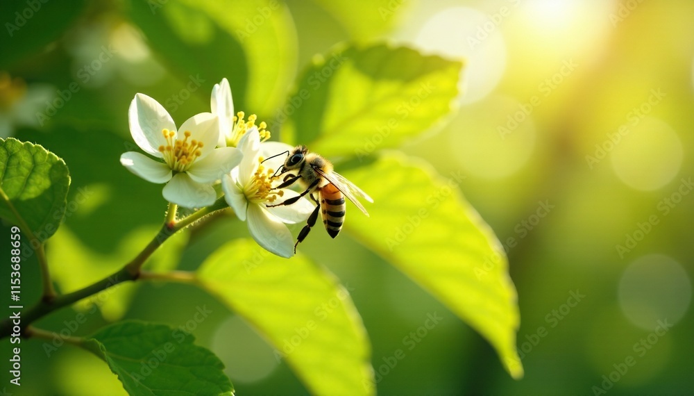 Bee hovering around Tilia cordata flowers in sunlight, linden, tilia Bee hovering around Tilia cordata flowers in sunlight, linden, tilia