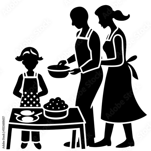 Family silhouette baking cookies on white background