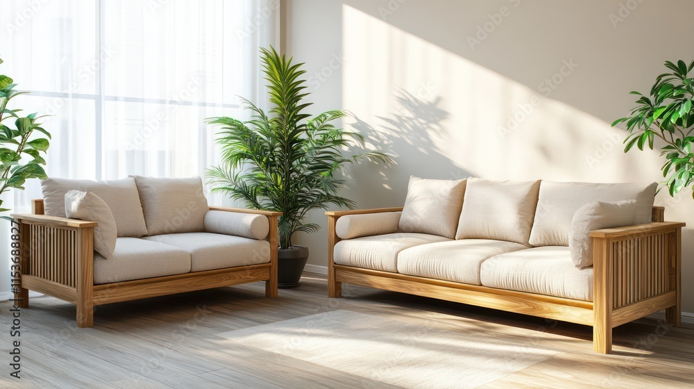 Fototapeta premium A serene living room with natural wood furniture, light fabric sofas, and indoor plants adding a fresh touch
