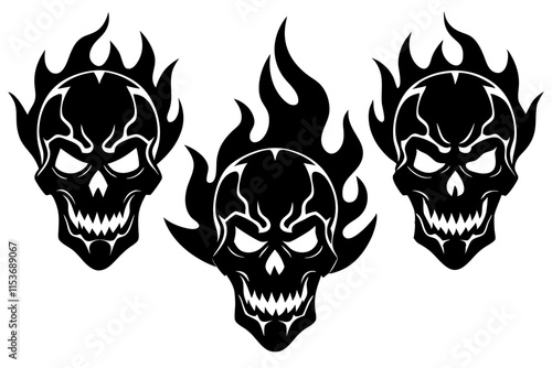 Burning skull black silhouette vector.