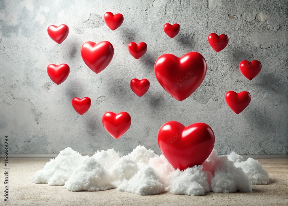 Fototapeta premium Red Hearts on Clouds, Concrete Wall Background