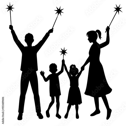 Family holding sparklers silhouette vector illustration on white background