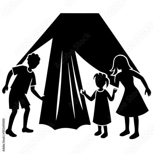 Family playing hide and seek silhouette on white background