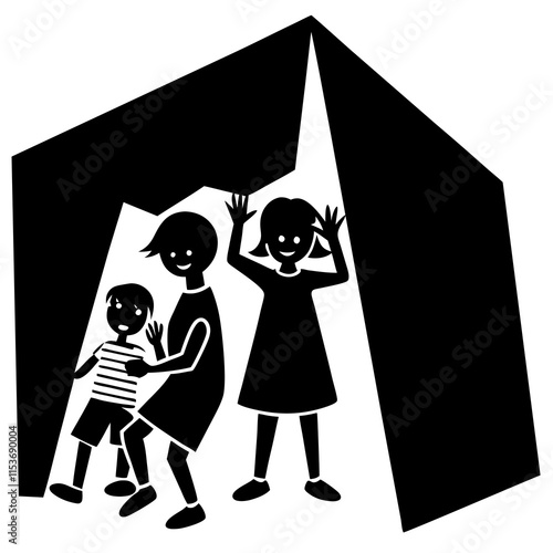Family silhouette playing hide and seek on white background