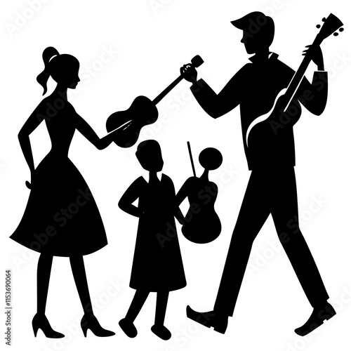 Family silhouette playing musical instruments on white background