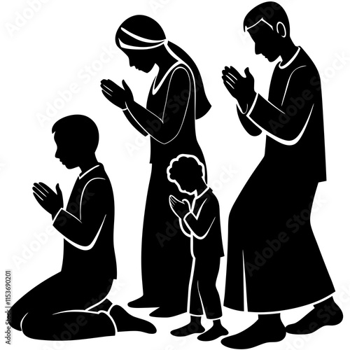 Family praying silhouette vector illustration on white background