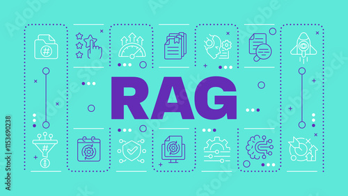 RAG green word concept. Integrating generative AI in content making. Data processing technology. Horizontal vector image. Headline text surrounded by editable outline icons. Hubot Sans font used