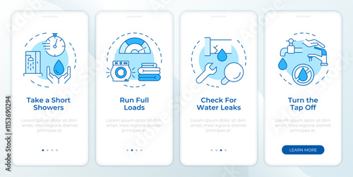 Water saving tips blue onboarding mobile app screen. Consumption walkthrough 5 steps editable graphic instructions with linear concepts. UI, UX, GUI template. Montserrat SemiBold, Regular fonts used