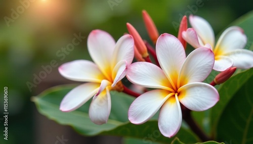Delicate frangipani flowers in white and pale pink hues, frangipani, floral, garden