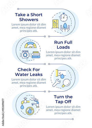 Water saving tips infographic vertical sequence. Sustainable consumption importance. Purification. Visualization infochart with 4 steps. Circles workflow. Montserrat SemiBold, Lato Regular fonts used photo