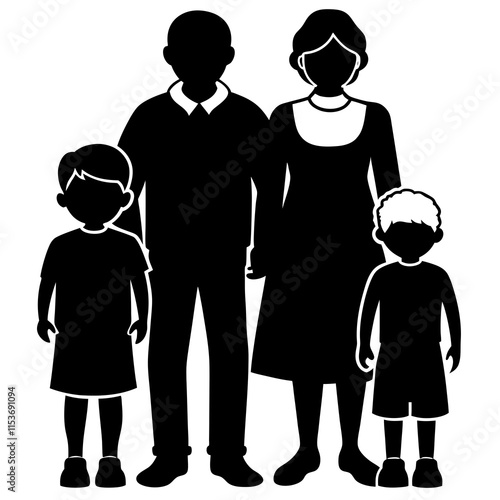 Grandparents with grandchildren silhouette on white background