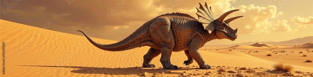 Fototapeta premium Desert sands hide ancient Triceratops fossilized tail, tail, uncover, desert