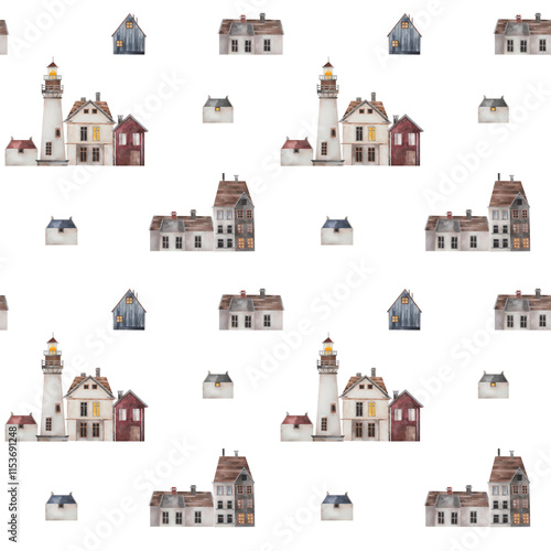 Watercolor hand-drawn pattern with illustrations of Northern style seaside houses and a lighthouse on white background
