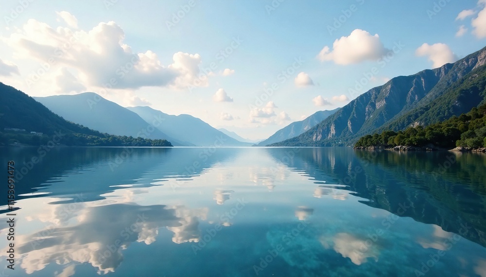 Naklejka premium Distant mountains reflected in the calm waters of the bay, sky, clouds