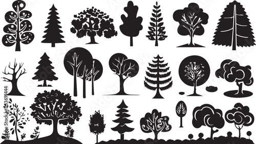 set of silhouettes of trees