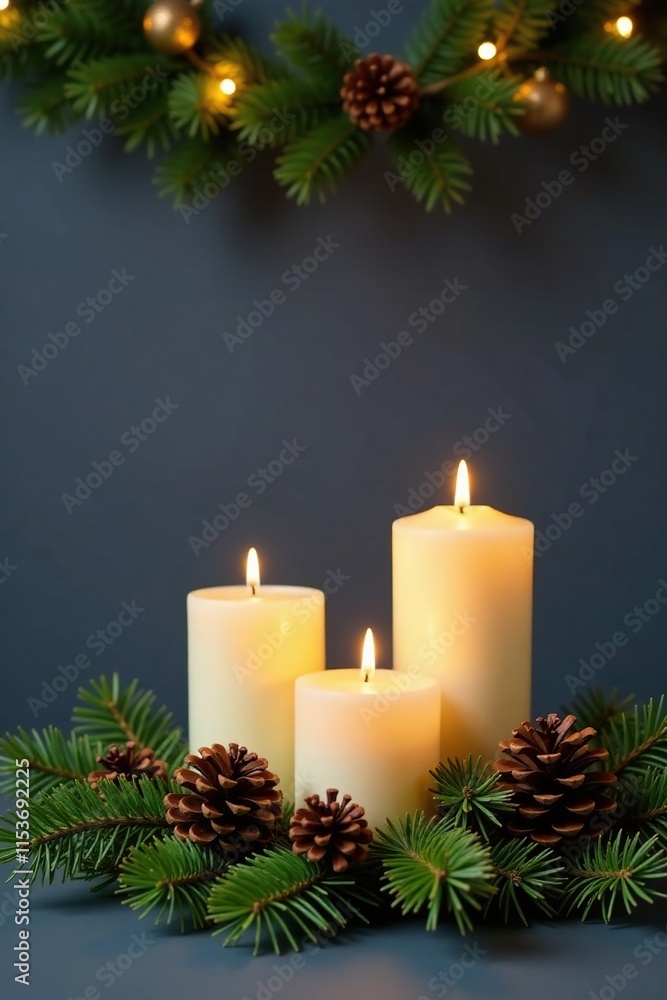 Four candles on fir branches against a dark grey wall with garland and pinecones, tree branch decor, pinecone decorations Four candles on fir branches against a dark grey wall with garland and pinecones, tree branch decor, pinecone decorations