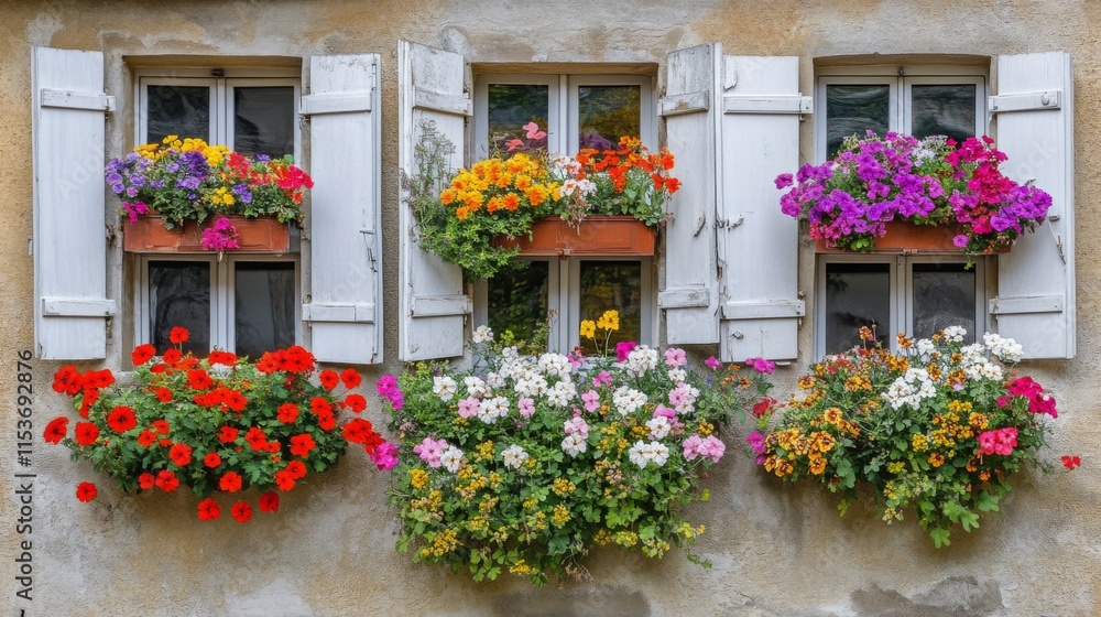 Naklejka premium Charming Historical Building with Flower Boxes