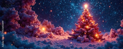 Glowing nebula shapes like giant Christmas tree among twinkling stars, lights, cosmic