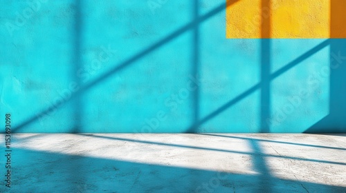 Bright Blue Wall with Yellow Square and Shadows in Modern Space