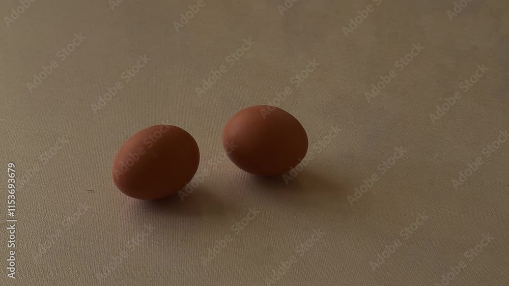 Close-up of two brown eggs spinning on a neutral surface to demonstrate the classic cooking trick for determining whether they are hard-boiled or raw Close-up of two brown eggs spinning on a neutral surface to demonstrate the classic cooking trick for determining whether they are hard-boiled or raw