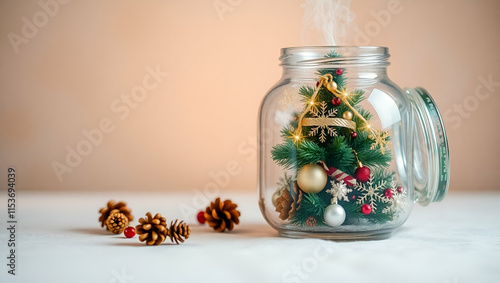 Christmas tree in cute glass jar decoration, Generative AI