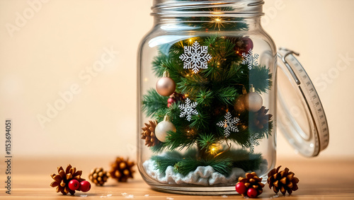 Christmas tree in cute glass jar decoration, Generative AI