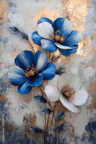 Beautiful blue and white floral artwork displayed on a textured gold background in a modern setting photo