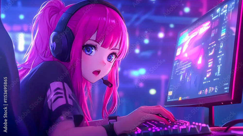 An anime girl competing in a high-stakes esports tournament, showcasing intense gaming skills and determination An anime girl competing in a high-stakes esports tournament, showcasing intense gaming skills and determination