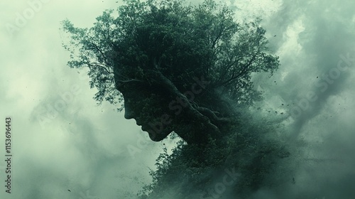 a haunting and surreal scene of a tree growing out of a human head. photo