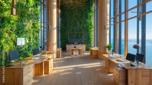 A serene office space with natural wood desks, vertical greenery walls, and large floor-to-ceiling windows photo