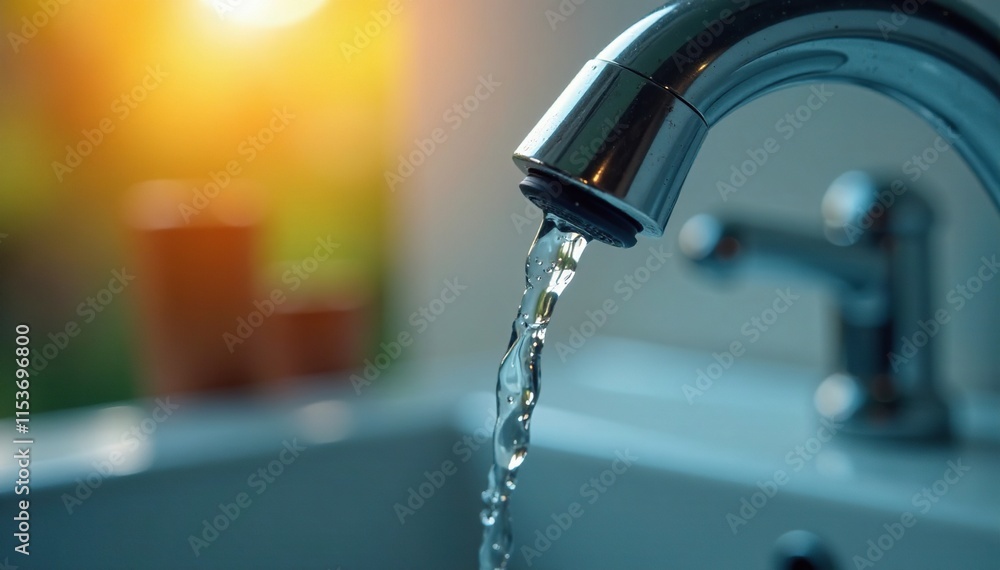Tiny water droplets falling from a faucet tip, small stream, faucet, clear liquid Tiny water droplets falling from a faucet tip, small stream, faucet, clear liquid
