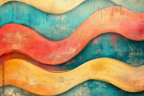 Abstract wavy background with orange, red, and yellow stripes on teal grunge texture.