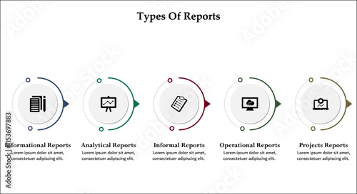 types of report. Infographic template with icons and description placeholder