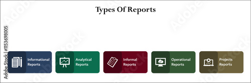 types of report. Infographic template with icons and description placeholder