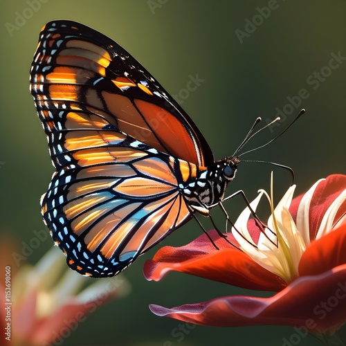 Close-Up of a Monarch Butterfly s Wings. An intricate close-up of a monarch butterfly with its delicate orange and black wings resting on a flower, highlighting nature s beauty.
 photo