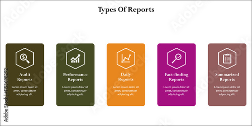 types of report. Infographic template with icons and description placeholder