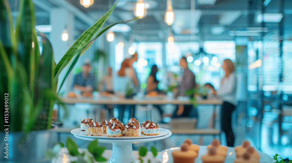 Obraz premium Corporate Event in Open Office Space with Delightful Desserts and Networking Colleagues