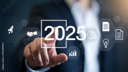 2025 New Year Business Goals:  Businessmen Climbing Staircase to Success